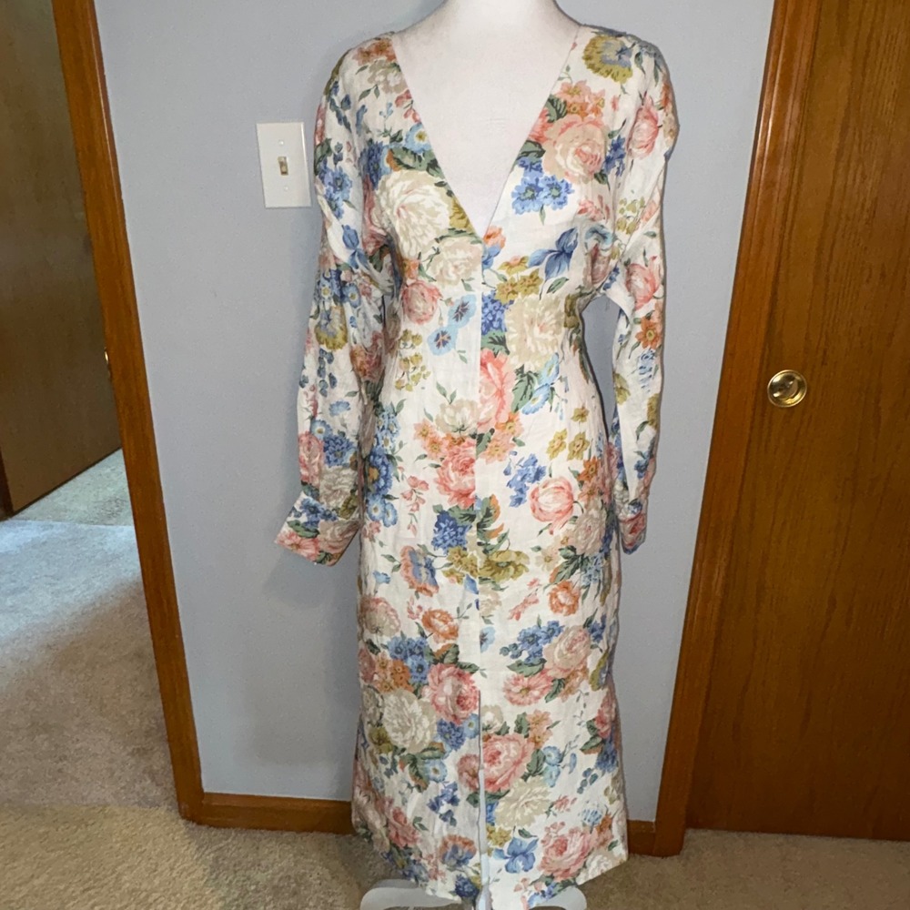 Elliatt Europium Dressโ White Multi Floral Linen V-Neck Tie Back M $238 MSRP